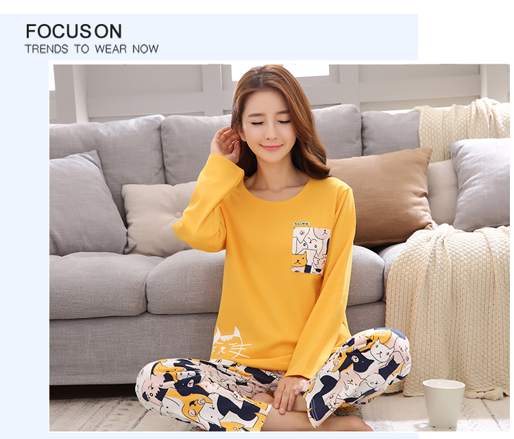 Bộ đồ ngủ nữ Fenteng dài tay mùa thu đông 100% cotton phiên bản Hàn Quốc có thể mặc bên ngoài phim hoạt hình hai mảnh phù hợp với dịch vụ gia đình thời trang 2021