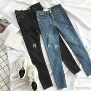 RENA mùa thu và mùa đông đơn giản mặc đồ cổ điển cũ mòn eo cao co giãn chân mỏng quần denim nữ