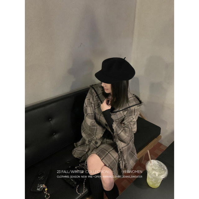 Xiaoyi customized plaid cape coat alpaca wool drape soft retro fringed woolen coat winter