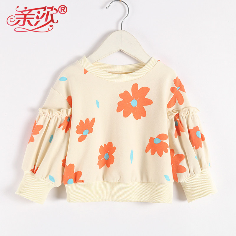 Spring new female baby printed thick cotton T infant child long sleeve hooded girl's lantern sleeve blouse