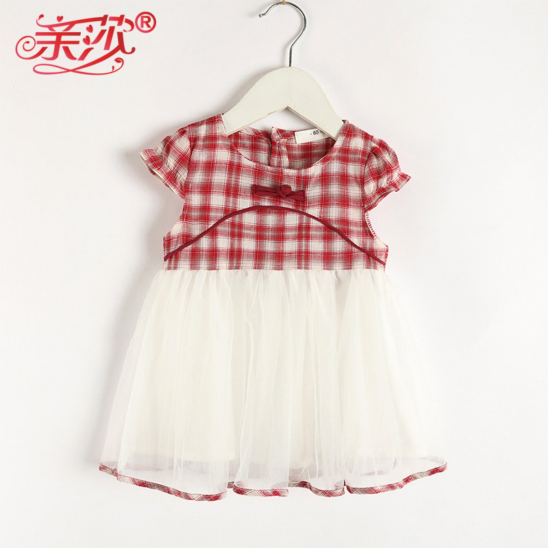 Summer new girls mesh splicing short sleeves infants and toddlers retro summer dress female baby cotton blouse