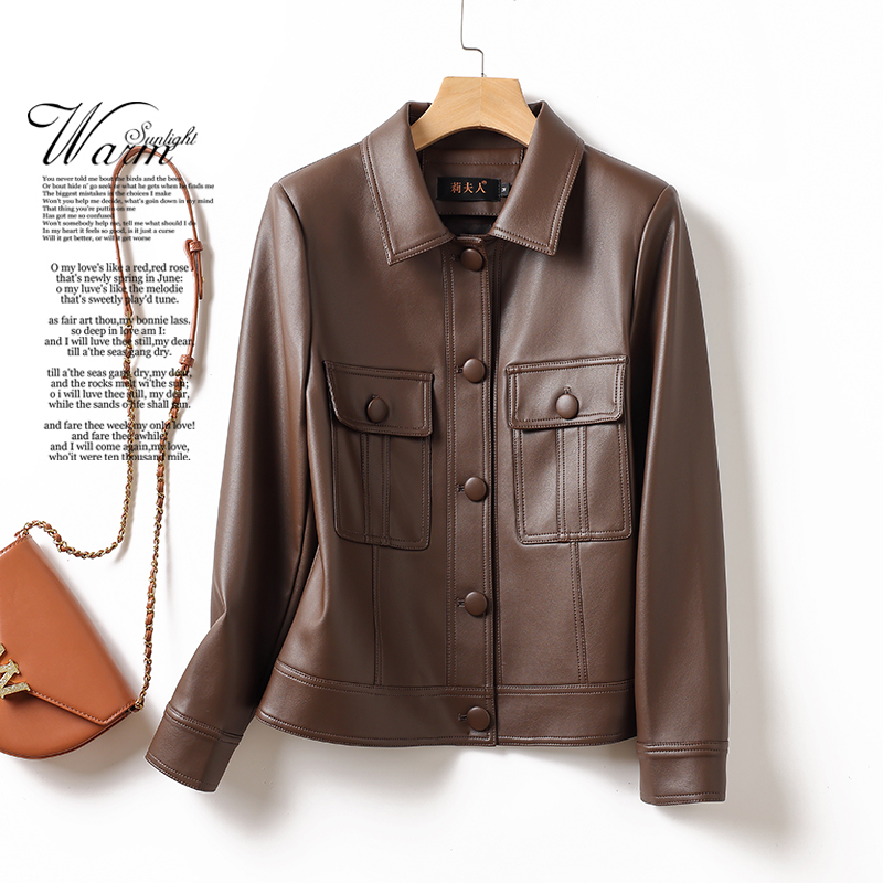 Haining Genuine Leather Jacket for Women 2026 New Spring and Autumn Fashion Casual Slim Short Sheepskin Leather Jacket Haining Genuine Leather Jacket for Women 2026 New Spring and Autumn Fashion Casual Slim Short Sheepskin Leather Jacket