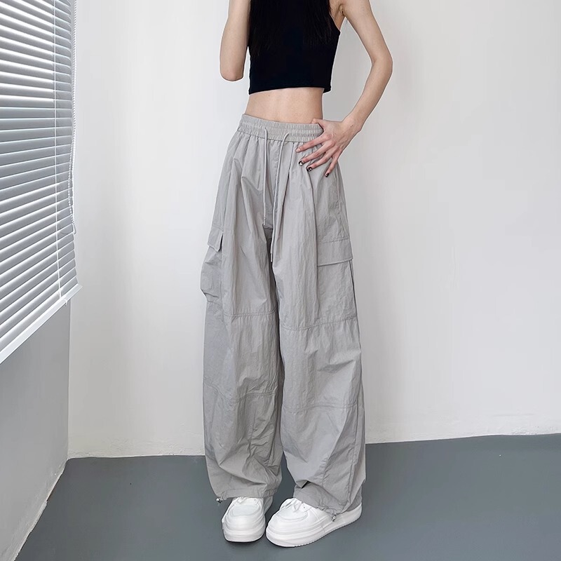 Plus Size American-Style Quick-Drying Cargo Pants for Women, Summer Thin Loose Wide-Leg Drawstring Dance Pants, Jazz Dance Pants