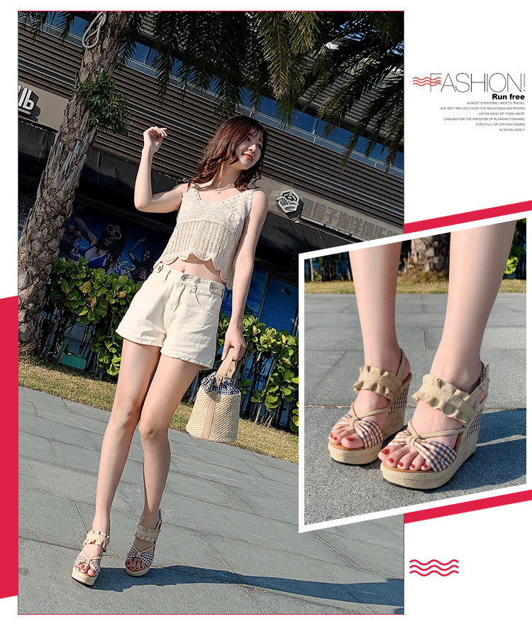 Dép sandal nữ đế xuồng cao gót hở mũi kiểu La Mã phối ren Lolita — Củ sen hồng 12CM, Củ sen hồng 14CM, Củ sen hồng 16CM, Mơ 12CM chi tiết 13