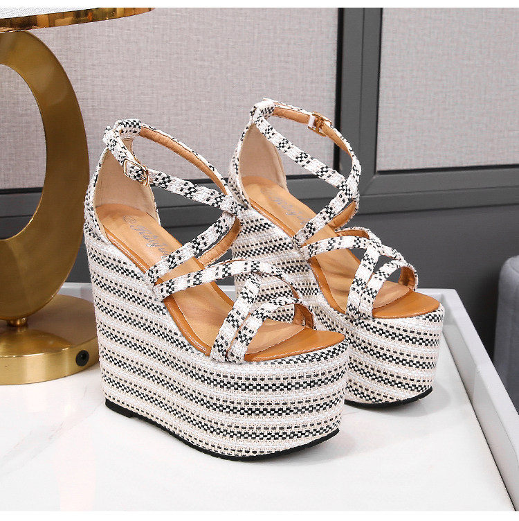 Sandal đế xuồng cao gót nữ hở mũi quai chéo, gót 10-15cm — Đen trắng 10cm, Đen trắng 15cm chi tiết 39