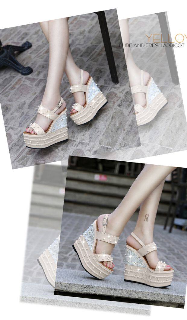 Sandal nữ cao gót 16 cm dây chữ T hở mũi đính ngọc trai có khóa — Trắng, quả mơ, đen chi tiết 21