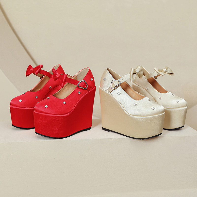 Giày cao gót nữ đế xuồng platform màu đỏ pha lê, gót 15 cm, phong cách Trung Hoa — Mơ 10cm, Mơ 15cm, Đỏ 10cm, Đỏ 15cm chi tiết 3