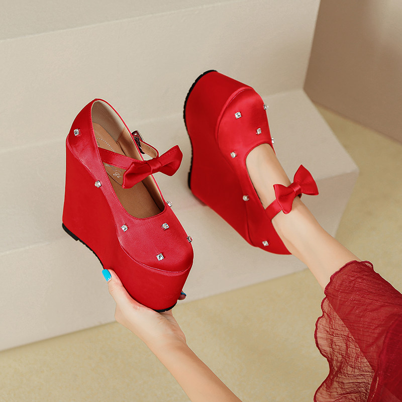 Giày cao gót nữ đế xuồng platform màu đỏ pha lê, gót 15 cm, phong cách Trung Hoa — Mơ 10cm, Mơ 15cm, Đỏ 10cm, Đỏ 15cm chi tiết 8