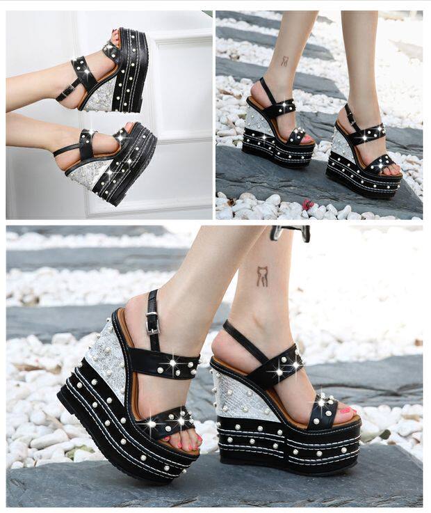 Sandal nữ cao gót 16 cm dây chữ T hở mũi đính ngọc trai có khóa — Trắng, quả mơ, đen chi tiết 14