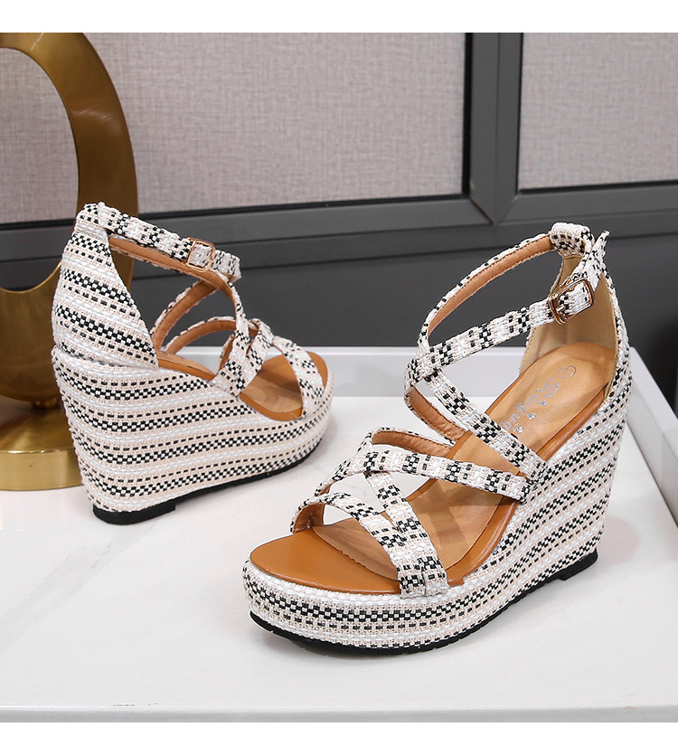 Sandal đế xuồng cao gót nữ hở mũi quai chéo, gót 10-15cm — Đen trắng 10cm, Đen trắng 15cm chi tiết 45
