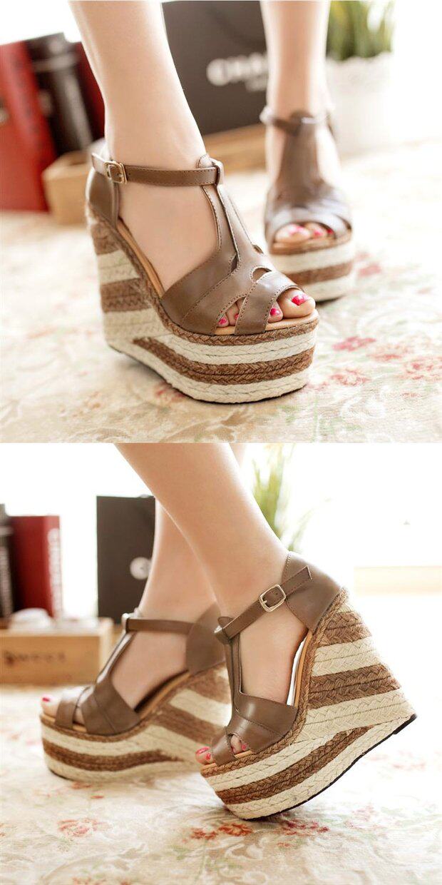 Sandal cao gót nữ phong cách dân tộc, đế espadrille dày, quai La Mã — kaki, nâu, đen chi tiết 19