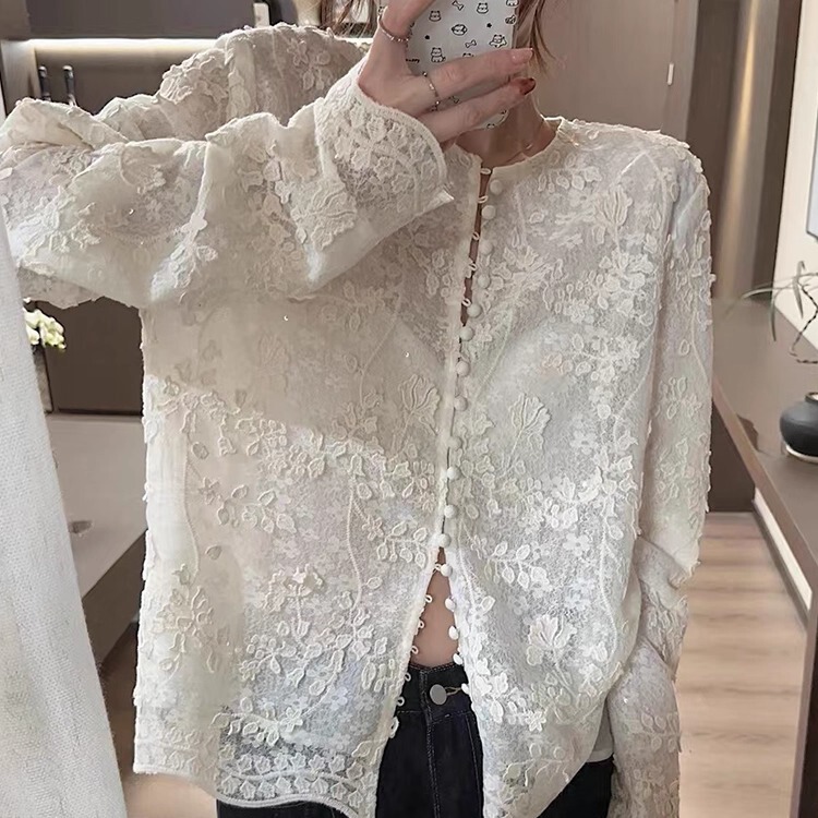 Heavy Embroidery Sequin Three-Dimensional Lace Shirt for Women, Autumn French Design, New Chinese Style, Versatile Top