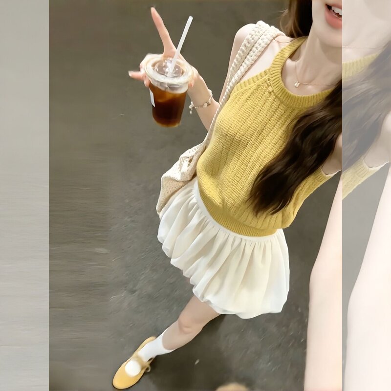 Yellow Halter Neck Knitted Vest for Women, Summer Outerwear, 2026 New Style, Vertical Ribbed, Fresh and Girly, Exclusive Summer Outfit Yellow Halter Neck Knitted Vest for Women, Summer Outerwear, 2026 New Style, Vertical Ribbed, Fresh and Girly, Exclusive Summer Outfit