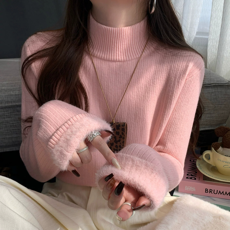 Pink Fleece-Lined Thick Sweater for Women, 2026 New Winter Base Layer, Super Stylish Half-Turtleneck Knit Top Pink Fleece-Lined Thick Sweater for Women, 2026 New Winter Base Layer, Super Stylish Half-Turtleneck Knit Top