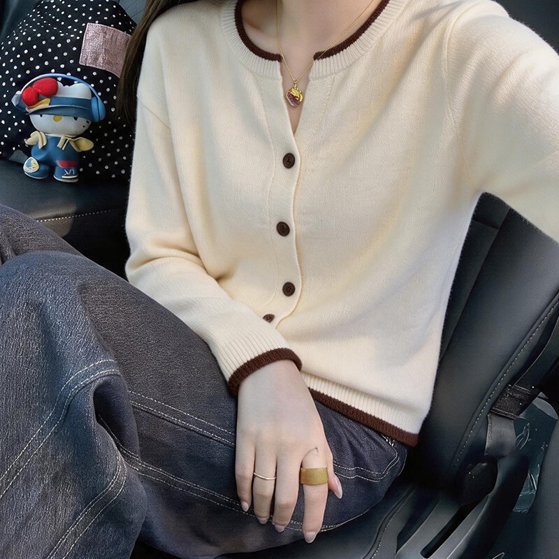 Korean Style Round Neck Color-Blocked Knit Cardigan for Women, Button-Up, Slimming, Versatile, Thin Long-Sleeve Top, Knitwear, New Autumn and Winter Style