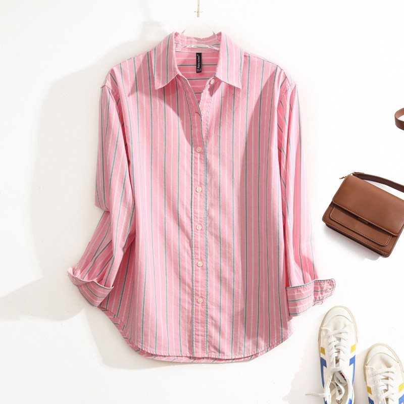 Anti-Curling Japanese-Style Colorful Striped Pure Cotton Shirt for Women 2026 Layered Wear Spring and Autumn Base Shirt Loose Cardigan Top