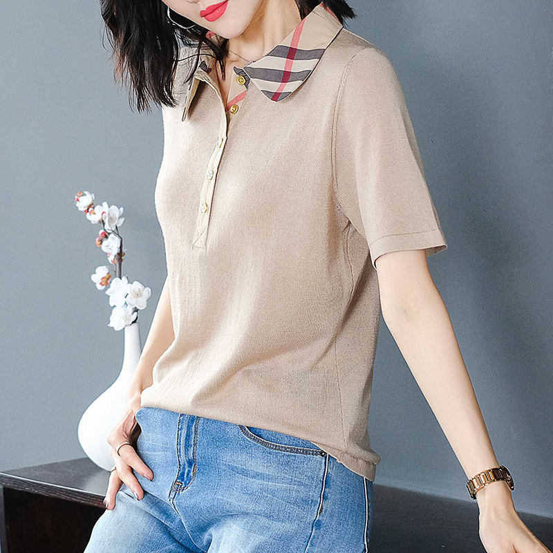 2020 mùa hè mới thời trang lão hóa Doll Collar Top Vintage khâu ngắn tay áo dệt kim Ice T-Shirt nữ