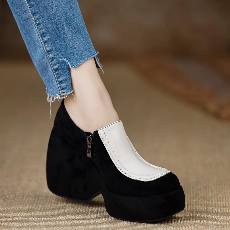 Genuine Leather Small-Sized Platform Wedge Shoes with Deep Cut, Waterproof Platform High-Heeled Shoes, New Spring and Autumn Women's Shoes Genuine Leather Small-Sized Platform Wedge Shoes with Deep Cut, Waterproof Platform High-Heeled Shoes, New Spring and Autumn Women's Shoes