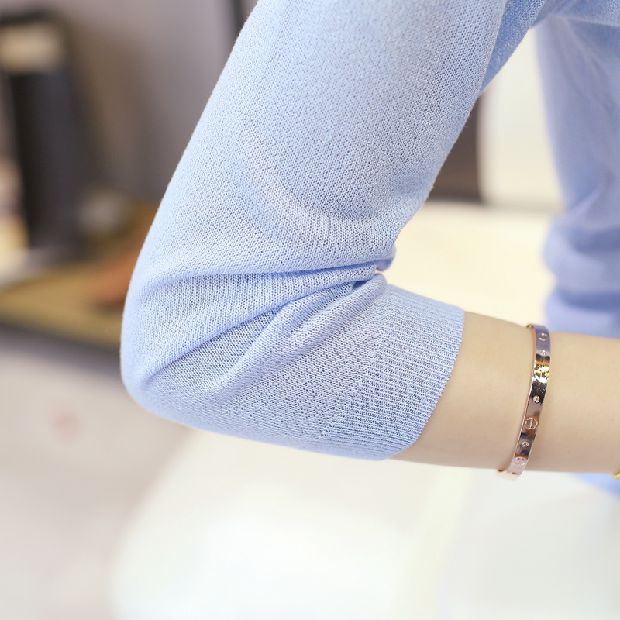 Mùa hè mới của phụ nữ phiên bản Hàn Quốc của áo len bảy điểm tay áo len áo len ngắn điều hòa áo sơ mi áo chống nắng phần mỏng áo len cổ tim