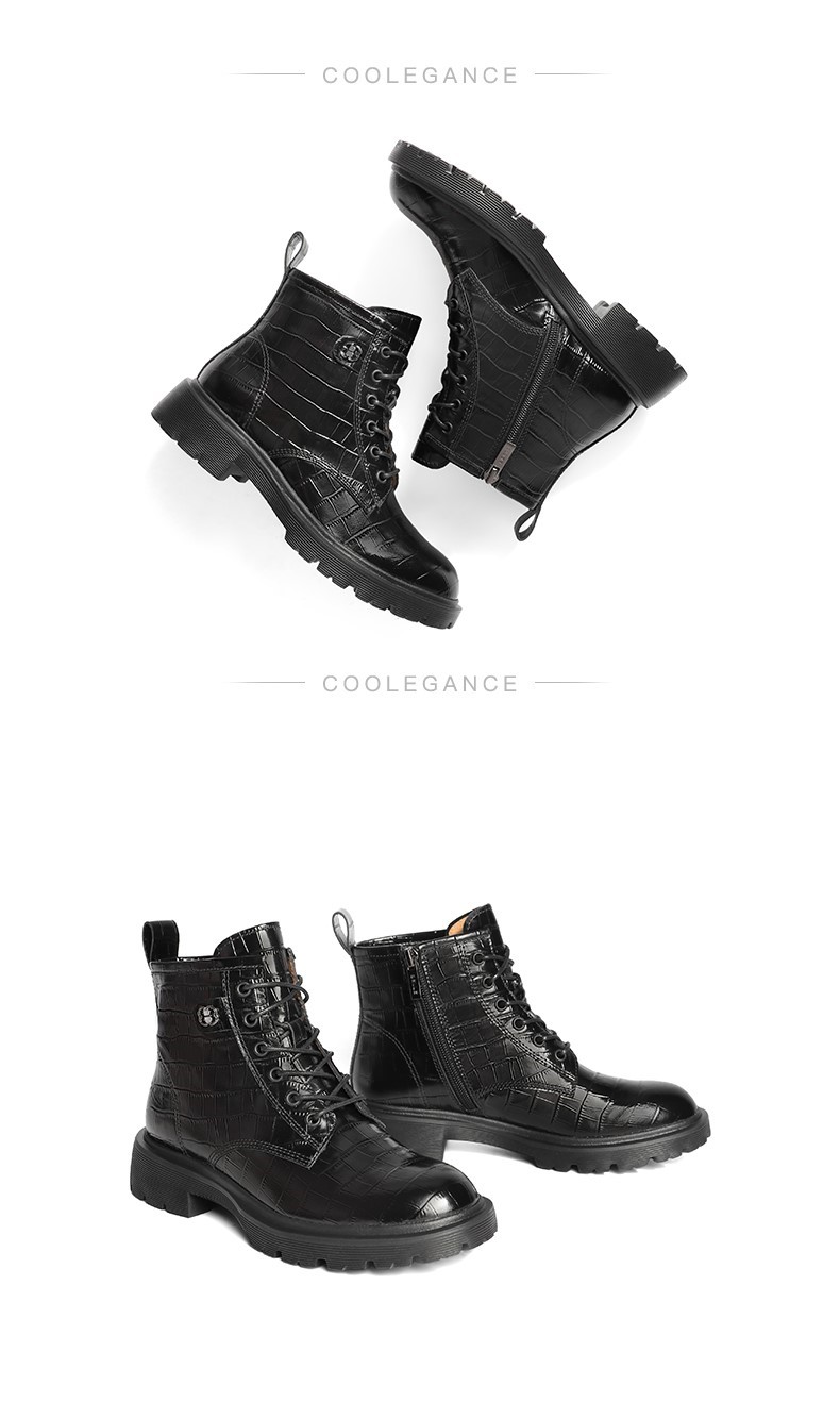 百丽暗黑马丁靴女冬新商场同款牛皮革加绒短靴3UP40DD1