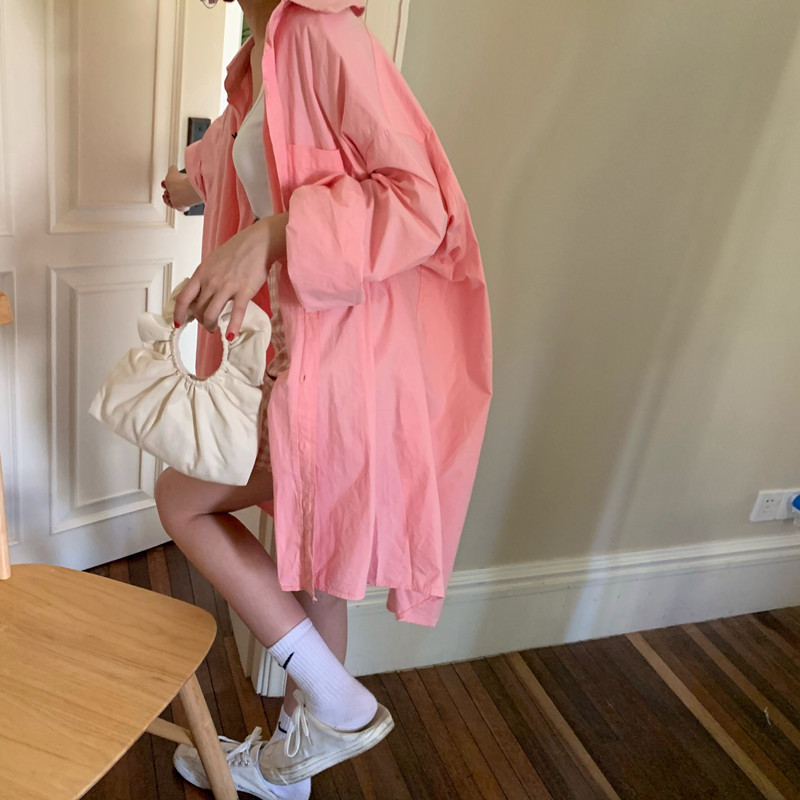 Spring Women's Shirt Dress, Korean Style, Lazy Style, Mid-Length, Oversized, Loose, Versatile, Extra-Large Pink Shirt Spring Women's Shirt Dress, Korean Style, Lazy Style, Mid-Length, Oversized, Loose, Versatile, Extra-Large Pink Shirt