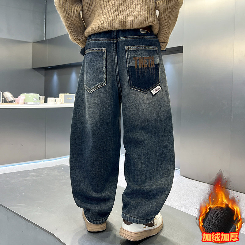 Детская одежда, бархатные брюки для мальчиков плюс размер, зимняя одежда, новинка 2025 года, осенняя и зимняя джинсовая одежда для мальчиков, утолщенная, зимняя тенденция для больших детей