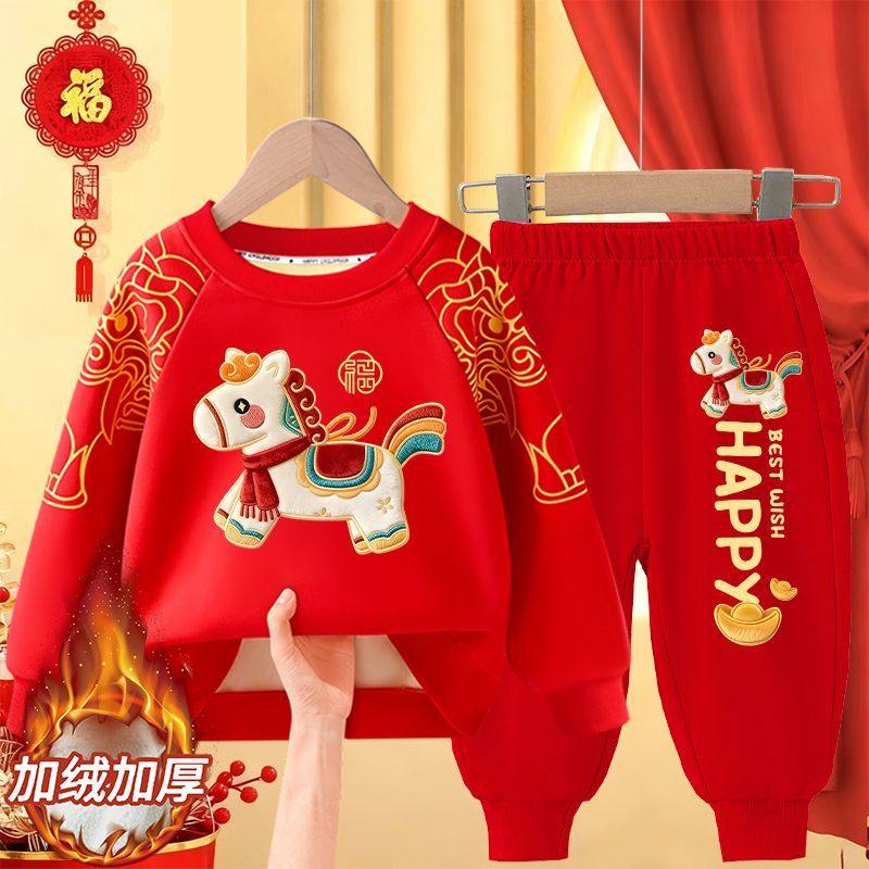 Красный зимний костюм для девочек на 2026 год Лошади, натальный костюм для мальчиков плюс бархатный свитер, зимняя детская новогодняя одежда для малышей