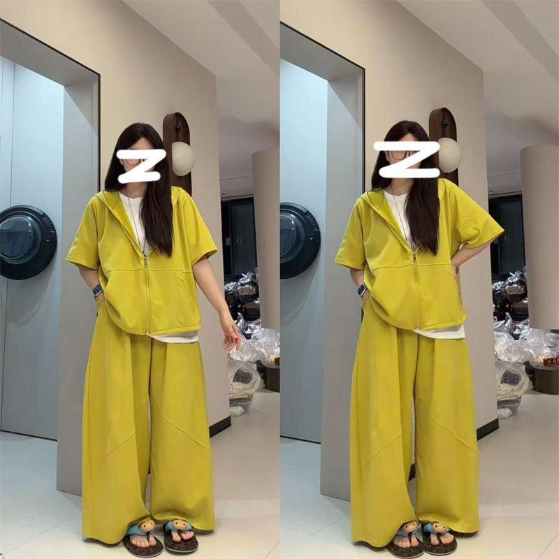 Extra Large Size 150kg Casual Wear Suit for Men and Women, Summer Hooded Zipper Short-Sleeved T-Shirt Top, Wide-Leg Pants Three-Piece Set Extra Large Size 150kg Casual Wear Suit for Men and Women, Summer Hooded Zipper Short-Sleeved T-Shirt Top, Wide-Leg Pants Three-Piece Set
