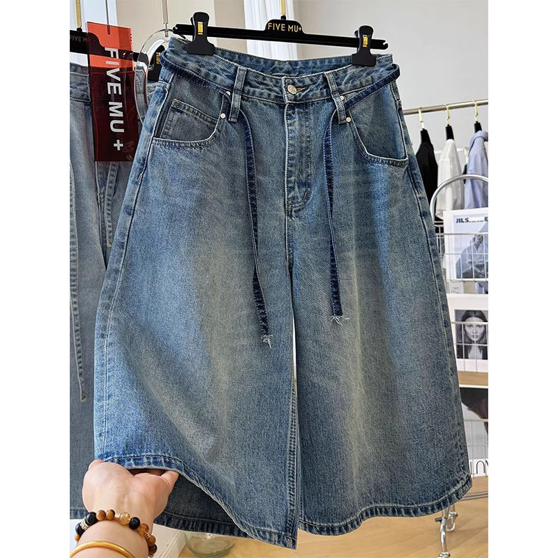 Extra Large Size 150kg Lace-Up Wide-Leg Denim Shorts for Men and Women, Summer Thin Loose Casual Six-Seven Quarter Pants7