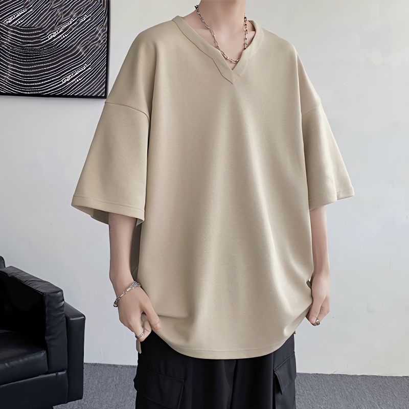 Extra Large Size 150kg Solid Color V-Neck Short-Sleeved T-Shirt Men's Summer Trendy Brand ins Trendy Hong Kong Style Five-Quarter Sleeve T-Shirt