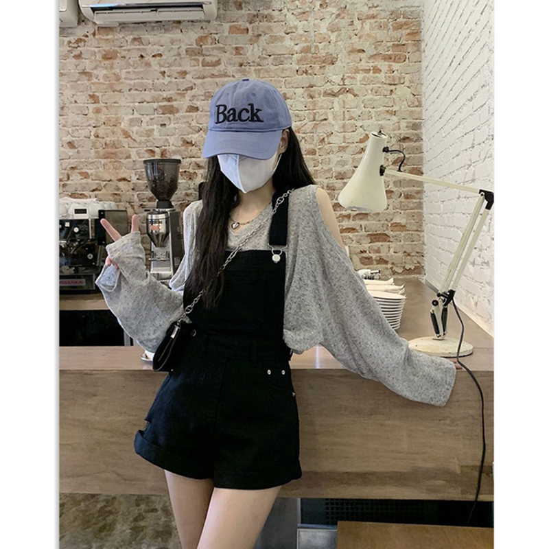 Summer Hollow-Out Off-Shoulder Sun Protection Shirt Set, Versatile Denim Overalls, Casual Wide-Leg Shorts Two-Piece Set for Women