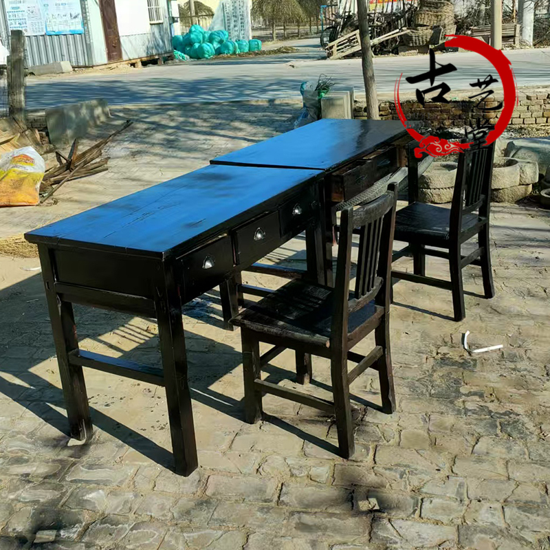 Old-Fashioned Office Desk and Chair Set, Vintage Items from the 80S and 90S, Single Desk with Lock and Drawer, Work Desk