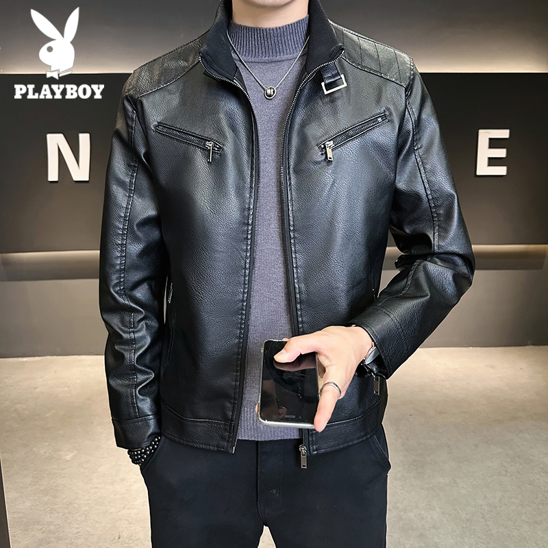Playboy Spring and Autumn Stand-Up Collar Leather Jacket Men's Short Leather Jacket Casual Biker Flight Suit Cool Men's Jacket Trendy Playboy Spring and Autumn Stand-Up Collar Leather Jacket Men's Short Leather Jacket Casual Biker Flight Suit Cool Men's Jacket Trendy