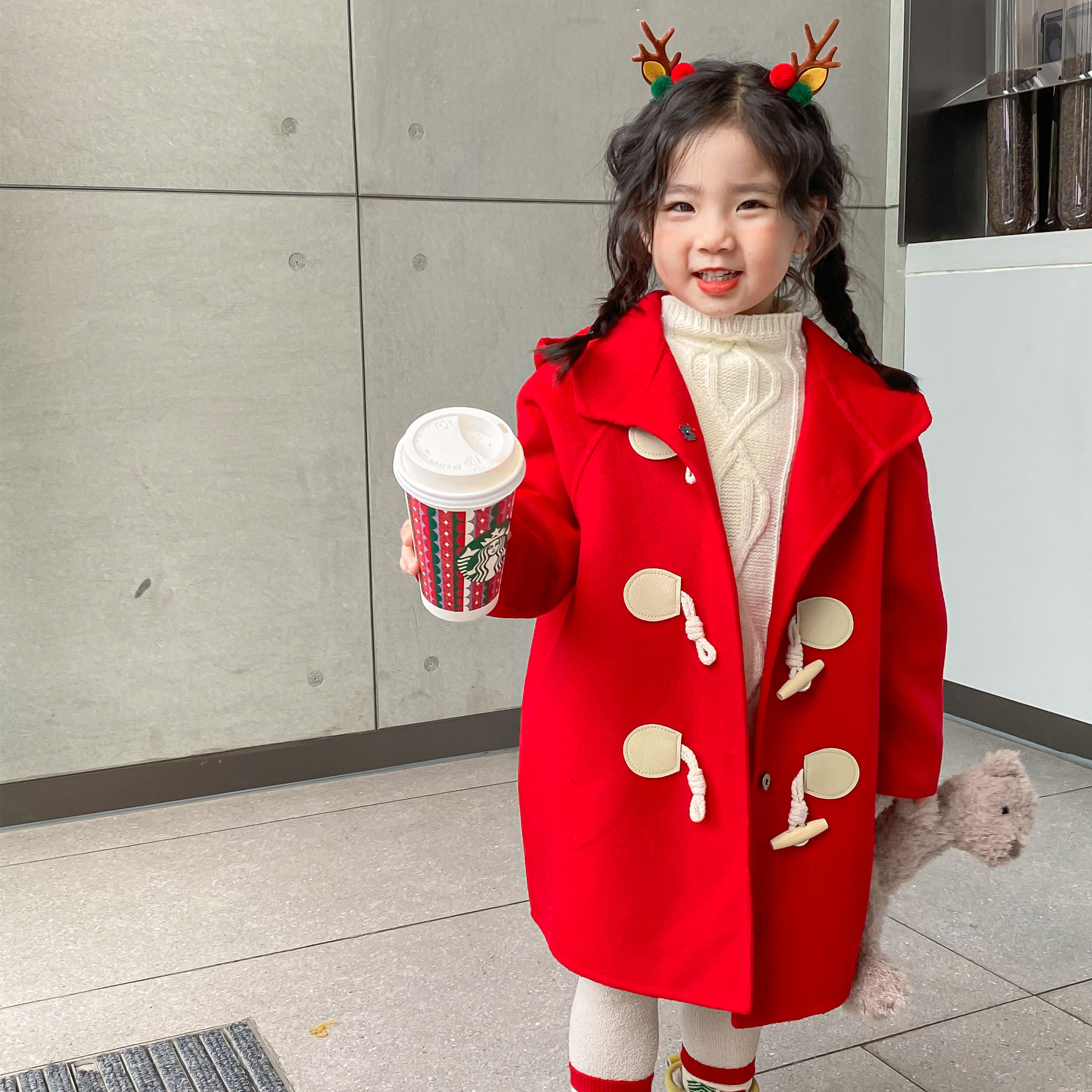Children's double-sided cashmere jacket Winter baby horn buckle parent-child wool medium long foreign men's and women's wool coat