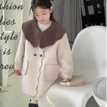 Korean girls winter clothing 2024 new large lapel warm woolen coat childrens temperament versatile mid-length coat