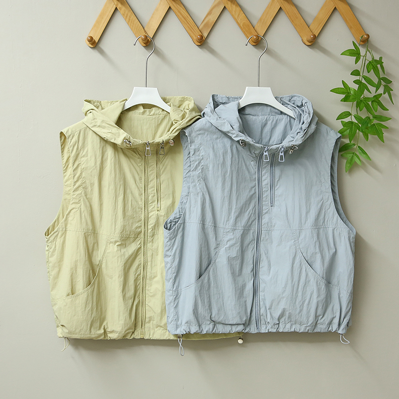 Summer Hooded Casual Layered Vest for Women, Sleeveless Waistcoat, Mesh Fabric Lining, Outdoor Versatile Double-Row Zipper Vest