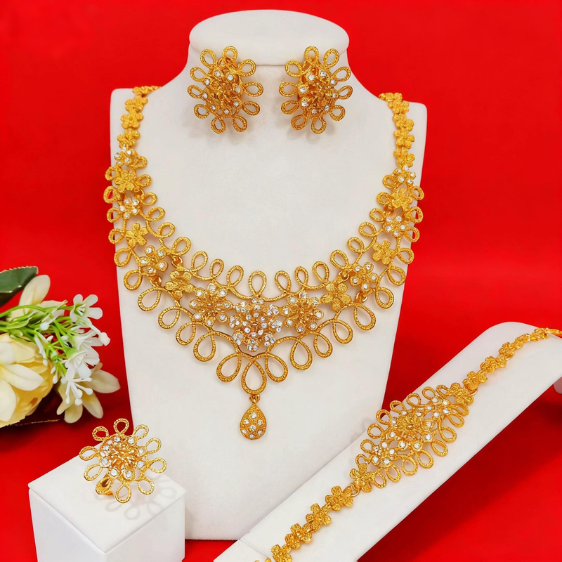European and American Bridal Jewelry Alloy Flower Crystal Necklace Earrings Ring Bracelet Four-Piece Set Fashion Dress Women's Accessories