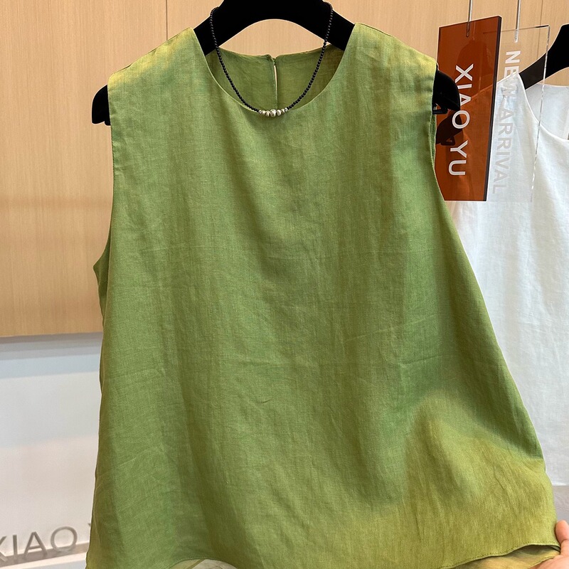 High-End European Summer New Style, High-Quality Mesh Splicing, Sleeveless Round Neck Pure Linen Vest Shirt Top for Women High-End European Summer New Style, High-Quality Mesh Splicing, Sleeveless Round Neck Pure Linen Vest Shirt Top for Women