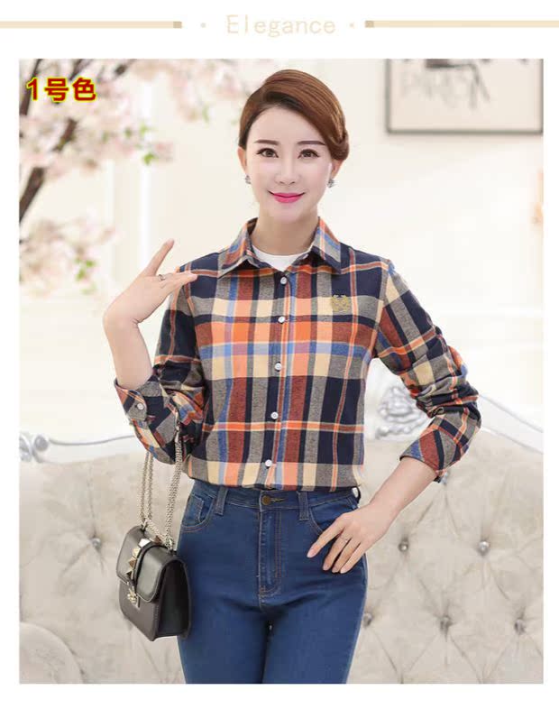 Áo sơ mi nữ trung niên cotton nữ mùa xuân và mùa thu áo sơ mi dài tay cỡ lớn Áo khoác nữ trung niên kẻ sọc áo khoác trung niên nữ u50
