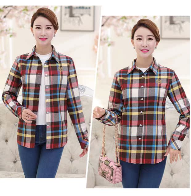 Áo sơ mi nữ trung niên cotton nữ mùa xuân và mùa thu áo sơ mi dài tay cỡ lớn Áo khoác nữ trung niên kẻ sọc áo khoác trung niên nữ u50