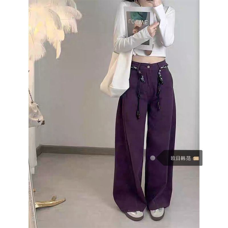 Plus-Size Petite American-Style Pocket Drawstring Purple Jeans for Women, 2026 Summer New Thin Slimming Wide-Leg Pants