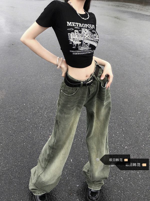 Plus-Size High-Waisted Vintage Gradient Straight-Leg Jeans for Women, New Summer Style, Loose and Slimming Wide-Leg Floor-Length Pants, Trendy Plus-Size High-Waisted Vintage Gradient Straight-Leg Jeans for Women, New Summer Style, Loose and Slimming Wide-Leg Floor-Length Pants, Trendy
