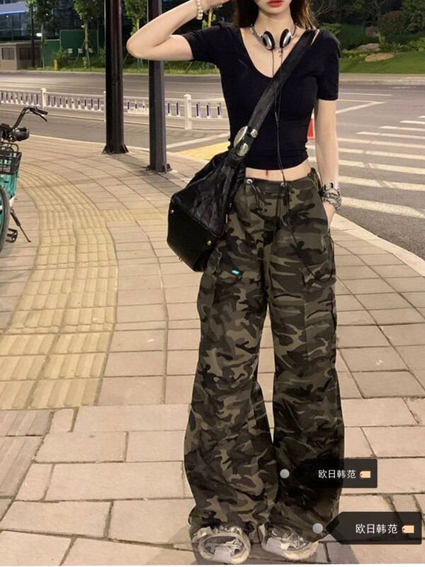 Plus-Size American Retro Camouflage Cargo Pants for Women, Early Spring Trendy Street Style, Sweet and Cool, Loose Straight-Leg Drapey Casual Pants