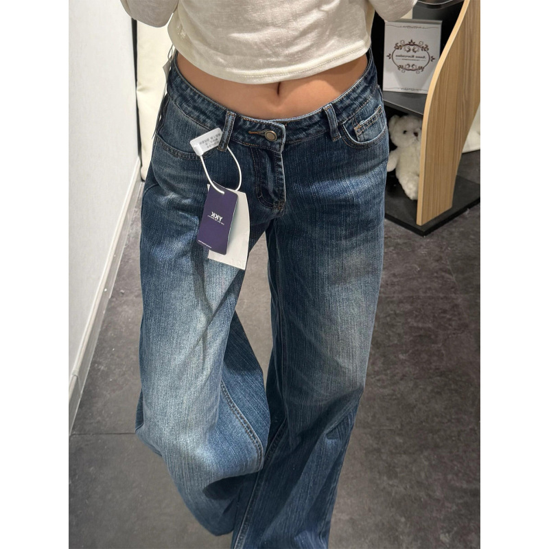 2026 Autumn New Bamboo Pattern American Style Slimming Washed Loose High-Waisted Vintage Straight Wide-Leg Jeans for Women
