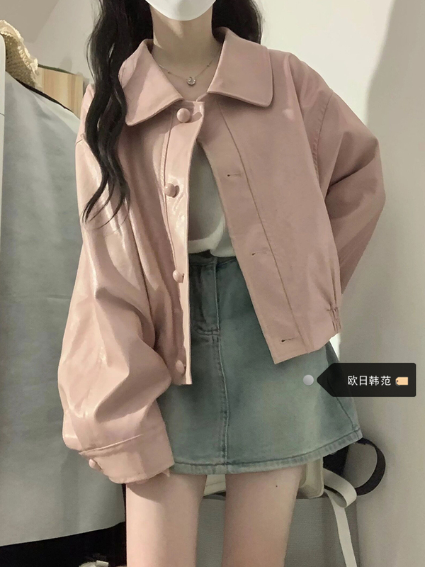 Plus-Size Korean-Style Pink Pu Leather Jacket for Women, Autumn Season, Vintage Loose Design, High-Waisted Versatile Jacket Top Plus-Size Korean-Style Pink Pu Leather Jacket for Women, Autumn Season, Vintage Loose Design, High-Waisted Versatile Jacket Top