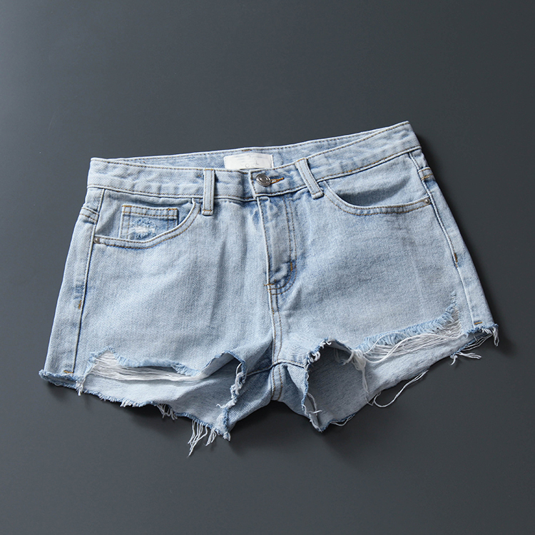 Trendy European and Korean Style Summer New Light Blue Denim Shorts with Holes, Women's Mid-Low Waist, Slimming, Versatile Wide-Leg Pants Trendy European and Korean Style Summer New Light Blue Denim Shorts with Holes, Women's Mid-Low Waist, Slimming, Versatile Wide-Leg Pants