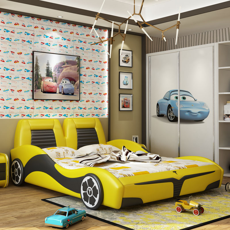 Creative Children's Bed Boy Car Cartoon Sports Car With Guardrails 1 2 m 1 5m Genuine Leather Bed Telas Single Bed