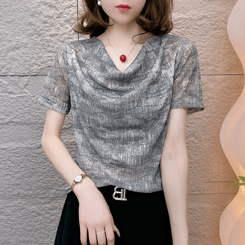 Fashionable Pullover Mesh Rock Texture Elegant Age-Reducing Design Stacked Collar Short-Sleeve Stretchy Breathable Middle-Aged Women's Top Fashionable Pullover Mesh Rock Texture Elegant Age-Reducing Design Stacked Collar Short-Sleeve Stretchy Breathable Middle-Aged Women's Top