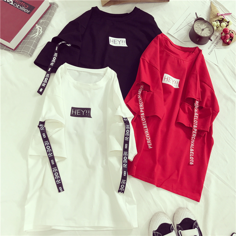 Summer Korean Style Df White Short-Sleeved T-Shirt for Women, Loose Fit, Versatile, Ripped Half-Sleeve T-Shirt for Students