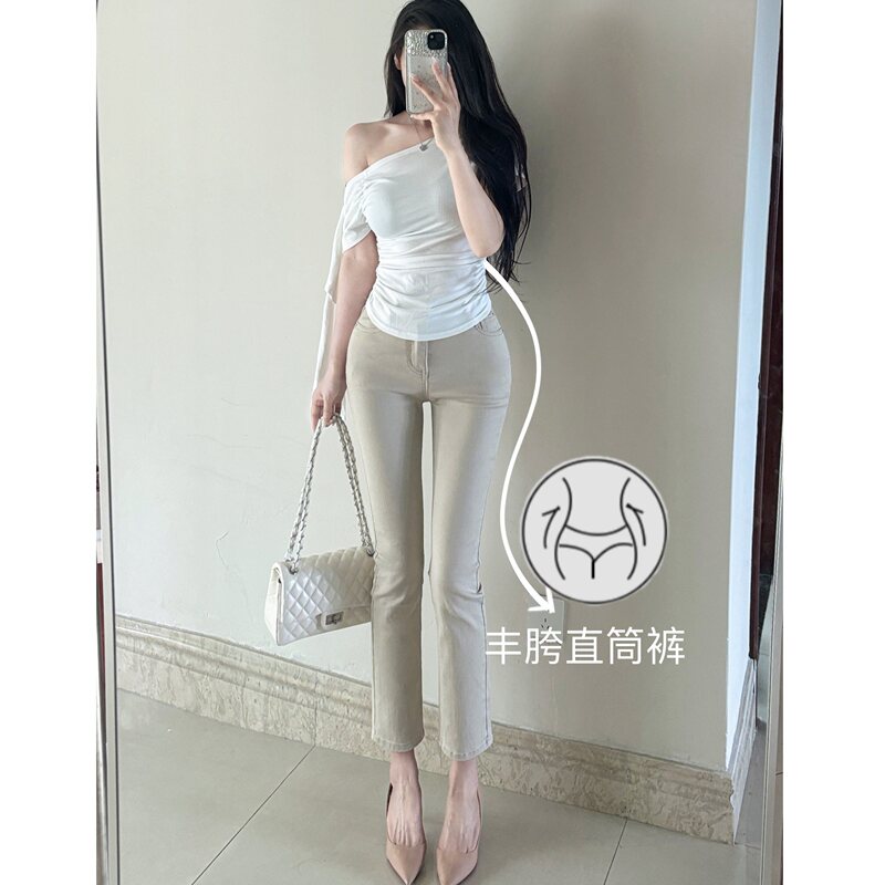 Old Money Style~ Elegant and Hip-Enhancing Khaki Straight-Leg Pants, Versatile and Slimming, Cropped Cigarette Pants, Hip-Enhancing Jeans
